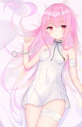 Rule 34 | 1girl, absurdres, bandages, bed sheet, black neckwear, blush, breasts, covered navel, cuffs, dress, handcuffs, highres, hololive, long hair, lying, on back, pink hair, red eyes, shackles, small breasts, solo, uruha rushia, virtual youtuber, white dress, yunominomi