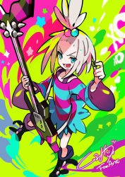 Rule 34 | 1girl, absurdres, bass guitar, black footwear, boots, commentary request, creatures (company), dress, game freak, green eyes, hair bobbles, hair ornament, highres, holding, holding instrument, holding plectrum, instrument, kurumitsu, legs apart, lower teeth only, nintendo, open mouth, plectrum, pokemon, pokemon bw2, roxie (pokemon), signature, solo, spiked hair, striped clothes, striped dress, teeth, topknot, two-tone dress, white hair