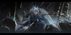 Rule 34 | 1girl, 6+others, absurdres, arknights, ballistic shield, black shirt, blood, blood on face, blue jacket, commentary, dragon girl, dragon horns, grey background, gun, handgun, highres, holding, holding gun, holding shield, holding weapon, horns, jacket, liskarm (arknights), loftcat, long hair, long sleeves, multiple others, night, open clothes, open jacket, pistol, rain, shield, shirt, sidelocks, silver hair, upper body, weapon, yellow eyes