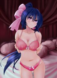 Rule 34 | 1girl, audere, bed, bed sheet, blue hair, bow, bow bra, bow panties, bra, breasts, cleavage, closed mouth, hair between eyes, hair bow, highres, indoors, large breasts, lingerie, long hair, looking at viewer, naughty face, navel, noihara himari, omamori himari, panties, pillow, pink bow, pink bra, pink eyes, pink panties, ponytail, seductive smile, grabbing own breast, smile, solo, source request, standing, underwear, underwear only, very long hair