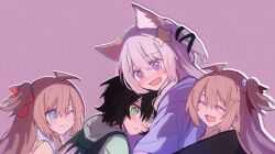 Rule 34 | 1boy, 3girls, :d, ahoge, animal ears, annytf, black cardigan, black hair, blue eyes, blue jacket, blush, bow, broken heart hair ornament, cardigan, closed eyes, commentary, english commentary, evil neuro-sama, family, fox ears, fox girl, green eyes, green hoodie, grey hair, hair between eyes, hair bow, hair ornament, hair tie, hairclip, highres, hood, hoodie, hug, indie virtual youtuber, jacket, light blue jacket, light brown hair, long hair, multiple girls, neuro-sama, nose blush, one eye closed, open mouth, pinkpink939, purple background, purple eyes, red bow, short hair, siblings, smile, star (symbol), star hair ornament, twins, two side up, virtual youtuber, wavy mouth, yellow cardigan