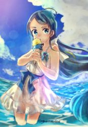 Rule 34 | 10s, 1girl, ahoge, alternate costume, bare shoulders, blue eyes, blue flower, blue hair, blue ribbon, cloud, collarbone, commentary, day, dessert, dress, flower, food, ice cream, ice cream cone, kantai collection, long hair, looking at viewer, ocean, partially submerged, ribbon, sagamiso, samidare (kancolle), shaded face, sky, solo, sunlight, twitter username, very long hair, wading, water, white dress