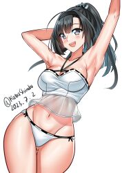 Rule 34 | 1girl, absurdres, ahoge, akizuki (kancolle), arm behind head, arm up, bikini, black hair, black hairband, dated, grey eyes, groin, hairband, highres, kantai collection, katou shinobu, looking at viewer, navel, official alternate costume, open mouth, ponytail, simple background, solo, swimsuit, teeth, twitter username, upper teeth only, white background, white bikini