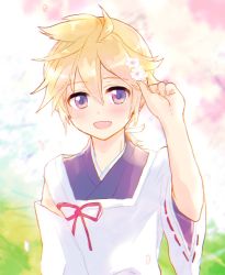 Rule 34 | 1boy, indigo (module), blonde hair, blue eyes, blush, commentary, detached sleeves, flower, hair flower, hair ornament, hand up, highres, holding, holding flower, indigo (module), japanese clothes, kagamine len, light blush, looking at viewer, male focus, open mouth, project diva (series), ribbon, shiroro69, shirt, smile, spiked hair, upper body, vocaloid, white shirt, white sleeves