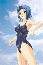 Rule 34 | 1girl, blue hair, blush, bodypaint, breasts, day, kesuida, medium breasts, naked paint, nipples, nude, original, painted clothes, short hair, sky, solo, yellow eyes