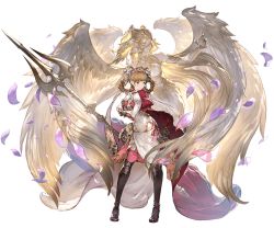 Rule 34 | 10s, 1girl, arm up, armlet, black footwear, black thighhighs, blue eyes, blunt bangs, boots, brown hair, elbow gloves, full body, gloves, granblue fantasy, helmet, holding, holding weapon, juliet (granblue fantasy), minaba hideo, official art, petals, polearm, smile, thigh boots, thighhighs, transparent background, trident, weapon, white gloves, wings