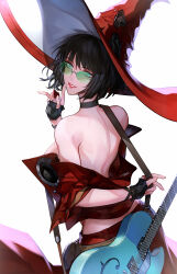 Rule 34 | 1girl, arm behind back, backless shirt, bare back, bare shoulders, black choker, black gloves, black hair, breasts, choker, cowboy shot, crop top, danhu, finger to mouth, fingerless gloves, from behind, glasses, gloves, green-tinted eyewear, green eyes, guilty gear, guilty gear strive, guitar, hair between eyes, hat, highres, i-no, instrument, large breasts, looking at viewer, looking back, midriff, parted lips, red hat, short hair, smile, solo, tinted eyewear, white background, witch hat