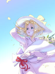 Rule 34 | 1girl, :d, arm up, blonde hair, blue eyes, bouquet, bow, bow (weapon), dress, floating hair, flower, flower girl (macross 7), hat, hat bow, highres, holding, holding bow (weapon), holding weapon, long sleeves, macross, macross 7, open mouth, petals, short hair, smile, solo, sun hat, weapon, white dress, white hat, yellow bow, yuccoshi