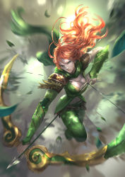 Rule 34 | 1girl, arrow (projectile), asymmetrical sleeves, blurry, blurry background, bow (weapon), breasts, cglas, cleavage, closed mouth, defense of the ancients, dota (series), dota 2, full body, gauntlets, green eyes, green pants, green scarf, green shirt, hair between eyes, holding, holding arrow, holding bow (weapon), holding weapon, long hair, long sleeves, nature, orange hair, pants, scarf, shirt, small breasts, solo, uneven sleeves, weapon, windranger (dota)