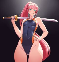 Rule 34 | 1girl, aqua eyes, blunt bangs, breasts, competition swimsuit, covered navel, gluteal fold, gradient background, hand on own hip, highleg, highleg swimsuit, highres, holding, holding sword, holding weapon, katana, kuso otoko, long hair, looking at viewer, one-piece swimsuit, pink hair, ponytail, small breasts, smile, solo, swimsuit, sword, uragoner, weapon, wide hips