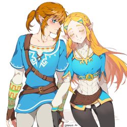 Rule 34 | 1boy, 1girl, artist name, black gloves, blonde hair, blue eyes, blush, brown gloves, couple, closed eyes, fingerless gloves, gloves, hair ornament, hairclip, holding hands, happy, hetero, link, long hair, looking at another, muse (rainforest), nintendo, pointy ears, ponytail, princess zelda, shirt, short hair, signature, simple background, smile, the legend of zelda, the legend of zelda: breath of the wild, white background