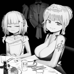 Rule 34 | 2girls, breast envy, breasts, cleavage, cup, dress, drinking glass, fork, gawr gura, gawr gura (party dress), highres, hololive, hololive english, knife, large breasts, looking at breasts, looking at viewer, mole, mole on breast, monochrome, multiple girls, shoulder tattoo, smile, spoon, table, tattoo, teacup, tiara, virtual youtuber, waiter, watson amelia, watson amelia (party dress), wllmagic
