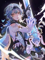 Rule 34 | 1girl, black gloves, blue hair, eula (genshin impact), eyebrows hidden by hair, genshin impact, gloves, hair between eyes, hairband, highres, holding, holding sword, holding weapon, looking at viewer, oastlv, ribbon, short hair, solo, sword, upper body, weapon, yellow eyes
