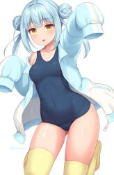 Rule 34 | 1girl, :d, aqua hair, aqua jacket, blue one-piece swimsuit, blush, breasts, collarbone, covered navel, double bun, hair bun, highres, jacket, looking at viewer, medium breasts, no shoes, old school swimsuit, one-piece swimsuit, open mouth, original, sasaame, school swimsuit, signature, single bare shoulder, sleeves past fingers, sleeves past wrists, smile, solo, swimsuit, thighhighs, track jacket, twintails, twitter username, yellow eyes, yellow thighhighs, zipper pull tab