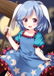 Rule 34 | 1girl, animal ears, blue dress, blue hair, blush, collarbone, cosplay, crescent print, dress, frilled dress, frilled sleeves, frills, highres, holding, kine, mallet, open mouth, puffy short sleeves, puffy sleeves, rabbit ears, rabbit tail, red eyes, reisen (touhou bougetsushou), ruu (tksymkw), seiran (touhou), seiran (touhou) (cosplay), short hair, short sleeves, smile, solo, star (symbol), star print, tail, touhou