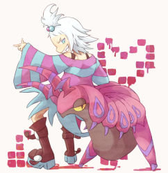 Rule 34 | bare shoulders, blue eyes, boots, bug, creatures (company), game freak, gen 5 pokemon, gym leader, nintendo, pokemon, pokemon (creature), roxie (pokemon), scolipede, topknot, white hair