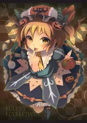 Rule 34 | 1girl, bad id, bad pixiv id, basket, blonde hair, checkered background, dress, fang, female focus, finger to mouth, flandre scarlet, food-themed hair ornament, food themed hair ornament, grey background, hair ornament, halloween, happy halloween, hat, jack-o&#039;-lantern, pumpkin, pumpkin hair ornament, sanntouhei, short hair, solo, touhou, wings, yellow eyes