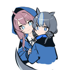 Rule 34 | 2girls, animal ears, arknights, blue eyes, blue hair, blue jacket, blue poison (arknights), bolo tie, closed mouth, double bun, glaucus (arknights), hair bun, hand on another&#039;s arm, highres, hood, hood up, hooded jacket, jacket, low twintails, multicolored hair, multiple girls, open clothes, open jacket, pink hair, shirt, streaked hair, tail, tetuw, twintails, white shirt