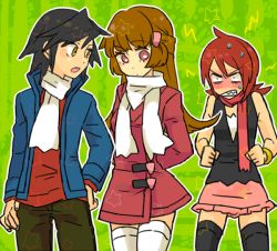 Rule 34 | 1girl, 2boys, alternate costume, alternate hairstyle, cosplay, creatures (company), crossdressing, dawn (pokemon), dawn (pokemon) (cosplay), ethan (pokemon), game freak, lowres, lucas (pokemon), lucas (pokemon) (cosplay), lyra (pokemon), multiple boys, nintendo, pokemon, pokemon dppt, pokemon hgss, silver (pokemon), thighhighs, trap, winter clothes, zettai ryouiki