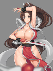 Rule 34 | 1girl, areola slip, breasts, brown eyes, brown hair, cleavage, fatal fury, grey background, japanese clothes, large breasts, long hair, no panties, obui, ponytail, revision, shiranui mai, simple background, smile, snk, solo, the king of fighters, thighs