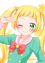 Rule 34 | 1girl, aikatsu! (series), arm up, blonde hair, blunt bangs, blush, bow, bowtie, character request, closed mouth, commentary request, green eyes, green shirt, long hair, long sleeves, looking at viewer, pink sailor collar, red bow, sailor collar, shirt, sidelocks, simple background, smile, solo, star (symbol), tareme, tiramisu651, twintails, upper body, v, white background