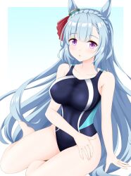 Rule 34 | 1girl, animal ears, bare shoulders, barefoot, black one-piece swimsuit, blue hair, blush, border, braid, breasts, commentary request, competition swimsuit, crown braid, ear ornament, gradient background, gurukorian, highleg, highleg swimsuit, highres, horse ears, horse girl, horse tail, large breasts, light blue hair, long hair, looking at viewer, mejiro ardan (umamusume), one-piece swimsuit, outside border, parted lips, purple eyes, sitting, solo, swimsuit, tail, umamusume, very long hair, white border, yokozuwari