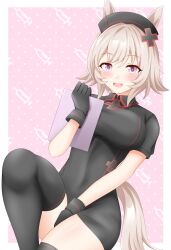 Rule 34 | 1girl, animal ears, between legs, black dress, black gloves, black hat, black thighhighs, blush, border, breasts, clipboard, commentary request, curren chan (umamusume), dress, feet out of frame, gloves, grey hair, gurukorian, hair between eyes, hair ornament, hand between legs, hat, highres, holding, holding clipboard, horse ears, horse girl, horse tail, knee up, looking at viewer, medium breasts, nurse, nurse cap, open mouth, outside border, pink background, puffy short sleeves, puffy sleeves, red eyes, short hair, short sleeves, smile, solo, tail, teeth, thighhighs, umamusume, upper teeth only, white border, x hair ornament