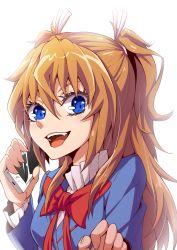 Rule 34 | 10s, 1girl, :d, blue eyes, blue shirt, bow, brown hair, cellphone, close-up, fang, houjou hibiki, kanichiri, long hair, looking at viewer, open mouth, phone, precure, red bow, shirt, smartphone, smile, solo, suite precure, two side up, upper body