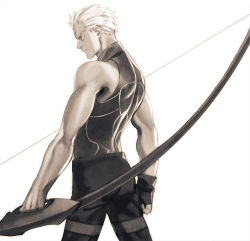 Rule 34 | 1boy, archer (fate), arms at sides, back, bad id, bad pixiv id, bare shoulders, blouse, bow (weapon), brown theme, cowboy shot, fate/stay night, fate (series), from side, frown, holding, holding bow (weapon), holding weapon, male focus, monochrome, shirt, simple background, sleeveless, sleeveless shirt, solo, taa (acid), thigh strap, weapon, white background