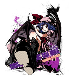 Rule 34 | 1girl, bat wings, boots, character name, dress, fang, female focus, jum (parallel parasol), purple hair, red eyes, remilia scarlet, short hair, smile, solo, touhou, wings