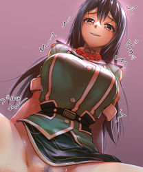 Rule 34 | 1girl, asava (hutaitenn), black hair, blush, bow, bowtie, breasts, brown eyes, censored, chikuma (kancolle), chikuma kai ni (kancolle), clothing aside, commentary request, female pubic hair, from below, heart, heart-shaped pupils, implied sex, kantai collection, large breasts, long hair, looking at viewer, pelvic curtain, pelvic curtain aside, pubic hair, purple background, red bow, red bowtie, short sleeves, simple background, solo, spread legs, sweat, symbol-shaped pupils