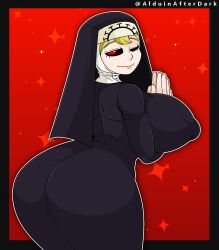 Rule 34 | 1girl, alduinafterdark, ass, black sclera, blonde hair, breasts, colored sclera, covered erect nipples, curvy, double (skullgirls), habit, highres, huge ass, huge breasts, jewelry, necklace, nun, one eye closed, red background, red eyes, skullgirls, smile, solo, wide hips