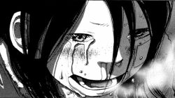 Rule 34 | 1girl, black eyes, black hair, crying, greyscale, inoue meiko, long hair, looking at viewer, monochrome, official art, open mouth, solanin, solo, very long hair