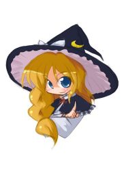 Rule 34 | 1girl, :d, blonde hair, blue eyes, bow, braid, capelet, crescent, female focus, hat, hat bow, index finger raised, kirisame marisa, looking at viewer, open mouth, smile, solo, tao, tao (kadoya), touhou, white background, witch hat