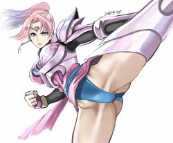 Rule 34 | 1girl, breasts, dragon quest, dragon quest dai no daibouken, floating hair, kicking, large breasts, leg up, leotard, looking at viewer, maam, pink eyes, pink hair, ponytail, shibusun, solo, square enix, v-shaped eyebrows