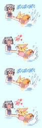 Rule 34 | 10s, 2girls, animal ears, blonde hair, comic, common raccoon (kemono friends), fennec (kemono friends), fox ears, holding hands, highres, inflatable toy, kemono friends, multiple girls, open mouth, partially submerged, raccoon ears, short hair, swimming, swimsuit, teaching, translation request, wagiyabosa jirou, water