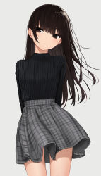 Rule 34 | 1girl, akipeko, arms behind back, black hair, black sweater, blush, brown eyes, closed mouth, commentary request, cowboy shot, grey skirt, high-waist skirt, highres, long hair, looking at viewer, original, plaid, plaid skirt, simple background, skirt, solo, straight hair, sweater, white background