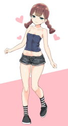 Rule 34 | 1girl, :3, animal crossing, bare arms, bare shoulders, black footwear, black shorts, blue eyes, blue shirt, braid, breasts, brown hair, cleavage, collarbone, crop top, denim, denim shorts, full body, highres, long hair, looking at viewer, midriff, naughty face, navel, nintendo, ribbed shirt, shirt, shoes, short shorts, shorts, sky-freedom, sleeveless, sleeveless shirt, small breasts, smile, socks, solo, standing, stomach, strapless, strapless shirt, striped clothes, striped socks, thighs, tube top, twin braids, twintails, villager (animal crossing)