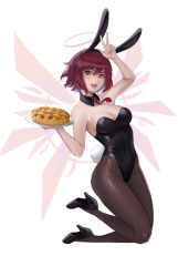 Rule 34 | 1girl, absurdres, alternate costume, animal ears, apple pie, arknights, arm up, bare arms, bare shoulders, black footwear, black leotard, black pantyhose, blush, breasts, cleavage, commentary request, detached collar, exusiai (arknights), fake animal ears, food, hair between eyes, halo, hand up, high heels, highres, holding, holding food, large breasts, leotard, looking at viewer, necktie, open mouth, pantyhose, pie, playboy bunny, rabbit ears, rabbit tail, red eyes, red hair, red necktie, short hair, simple background, solo, strapless, strapless leotard, tail, thighs, usagi (wem7538), w, white background