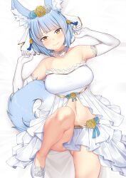 Rule 34 | 1girl, absurdres, alternate costume, animal ear fluff, animal ears, bad source, blue hair, collar, commission, commissioner upload, dress, elbow gloves, fire emblem, fire emblem fates, flats, flower, fox ears, fox girl, fox tail, gloves, gluteal fold, hair flower, hair ornament, highres, kitsune, light blush, looking at viewer, lying, midriff, nabunabu, nintendo, on back, selkie (fire emblem), short hair, solo, tail, wedding dress, white background, yellow eyes