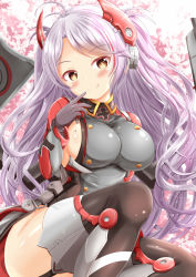 Rule 34 | 1girl, :q, azur lane, black thighhighs, blush, breasts, brown eyes, brown gloves, closed mouth, commentary request, cross, dress, gloves, grey dress, hand up, headgear, highres, iron cross, large breasts, long hair, long sleeves, mole, mole on breast, multicolored hair, parted bangs, prinz eugen (azur lane), purple hair, red hair, sideboob, smile, solo, streaked hair, thighhighs, tongue, tongue out, very long hair, xenon (for achieve)