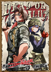 Rule 34 | 1boy, 1girl, abs, absurdres, alternate hair color, artist name, bandaid, bandaid on cheek, bandaid on face, bandana, bandana around neck, belt, belt pouch, billy alfred, bleeding, blood, blue hair, brown eyes, camouflage, camouflage headwear, camouflage pants, camouflage shirt, character name, cigarette, dated, english text, glint, gloves, gun, hand on own hip, handgun, highres, holding, holding gun, holding weapon, izumo fuuko, long sleeves, mouth hold, pants, pouch, red bandana, red gloves, revolver, shirt, sleeves rolled up, sunglasses, tono0185, undead unluck, weapon