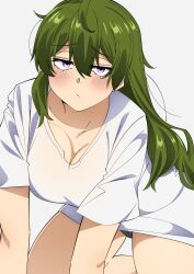 Rule 34 | 1girl, all fours, alternate hairstyle, black panties, blush, breasts, cleavage, commentary, eyelashes, furrowed brow, green hair, hair down, highres, jitome, kneeling, large breasts, long hair, looking at viewer, panties, purple eyes, sakura 1110ssmm, shirt, short sleeves, simple background, solo, sousou no frieren, thighs, ubel (sousou no frieren), underwear, variant set, white background, white shirt