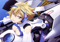 Rule 34 | &gt;:(, 10s, 1girl, absurdres, all fours, angelise ikaruga misurugi, armor, ass, bare shoulders, bent over, blonde hair, bodysuit, breast rest, breasts, cable, cleavage, cleavage cutout, clothing cutout, cockpit, copyright name, cross ange, eyelashes, female focus, flipped hair, from above, frown, full body, glaring, hair between eyes, headgear, headphones, highres, large breasts, leaning forward, lips, lipstick, looking at viewer, looking up, makeup, mecha, official art, pink eyes, plug, robot, scan, serious, short hair, solo, toida shuri, turtleneck, v-shaped eyebrows, water