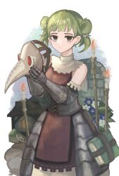 Rule 34 | 1girl, absurdres, armor, armored dress, black corset, black eyes, blue flower, book, building, candle, closed mouth, corset, dress, flower, frown, gauntlets, green hair, highres, holding, holding mask, mask, netugen33, plague doctor mask, short hair, short twintails, solo, tatiana (unicorn overlord), twintails, unicorn overlord, unworn mask, white flower