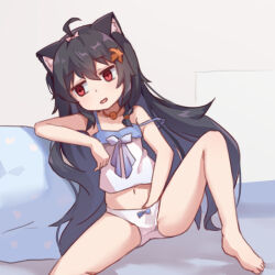 Rule 34 | 1girl, ahoge, animal ears, bare arms, bare legs, barefoot, bell, black hair, blue bow, bored, bow, bow panties, camisole, cat ears, commentary, eleven-sora, hair bow, hair ornament, hand in panties, indie virtual youtuber, jitome, leaning on object, leaning to the side, leg up, long hair, looking to the side, navel, neck bell, noumi fuurin, panties, pillow, pink bow, red eyes, sitting, solo, spread legs, strap slip, underwear, underwear only, white camisole, white panties