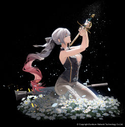 Rule 34 | 1girl, aqua eyes, belt, black belt, black vest, boots, braid, breasts, chamomile, closed mouth, drill hair, drill ponytail, earrings, field, flower, flower field, french braid, full body, general-purpose machine gun, general dynamics, girls&#039; frontline, grey hair, grey pants, gun, hair ribbon, happy valentine, highres, holding, holding sword, holding weapon, jewelry, knee boots, lightweight medium machine gun, lonestar future weapons, long hair, looking up, lwmmg (girls&#039; frontline), lwmmg (knight and protector) (girls&#039; frontline), machine gun, medium breasts, multicolored hair, official alternate costume, official art, on floor, on flower, pants, prototype design, rff (3 percent), ribbon, seiza, sideboob, simple background, sitting, solo, suppressor, sword, torn clothes, torn pants, transparent background, true velocity, valentine, vest, weapon