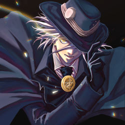 Rule 34 | 1boy, black background, black gloves, black headwear, black neckwear, cape, edmond dantes (fate), fate/grand order, fate (series), gloves, hat, highres, looking at viewer, male focus, open mouth, simple background, upper body, white hair, yellow eyes, you shikage