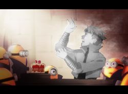 Rule 34 | 1boy, bad id, bad twitter id, blonde hair, cake, character name, crossover, despicable me, dio brando, fangs, fingernails, food, goggles, gradient background, jojo no kimyou na bouken, letterboxed, light, long fingernails, minion (despicable me), minions, minions (movie), noriuma, parody, petrification