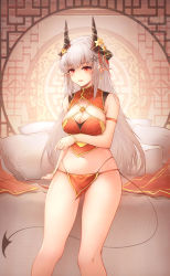 Rule 34 | 1girl, absurdres, arknights, arm strap, arm under breasts, backlighting, bare legs, bare shoulders, bed, blush, bracelet, breasts, chinese clothes, cleavage, dudou, earrings, feet out of frame, flower, highres, horn flower, horns, jewelry, jueduihuoli, large breasts, mudrock (arknights), navel, open mouth, pillow, pointy ears, pussy, red eyes, revealing clothes, see-through, sidelocks, solo, standing, stomach, tail, yellow flower